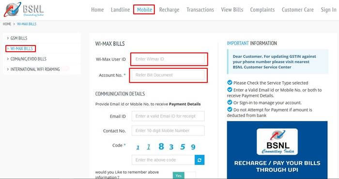 BSNL WiMAX Bill Payment Online