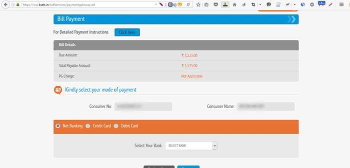 KSEB Bill payment using Net Banking