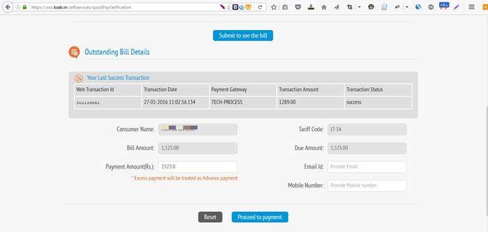 Online KSEB bill payment-bill details