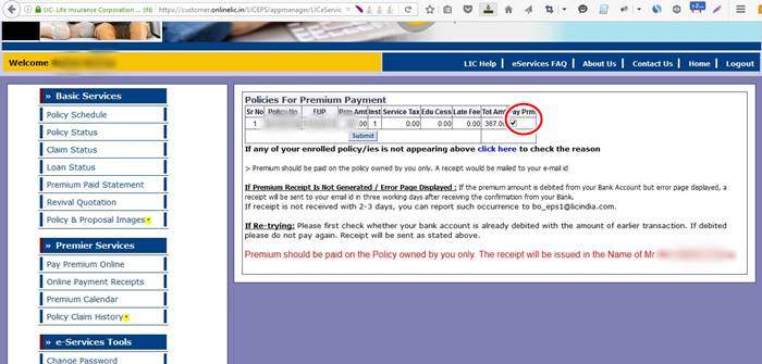 Select your LIC Policy for the premium payment