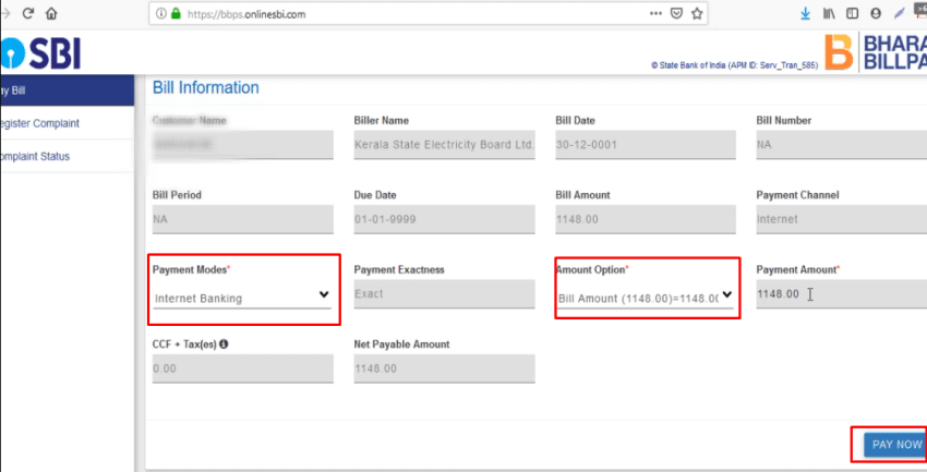 Electricity bill payment through SBI Net banking