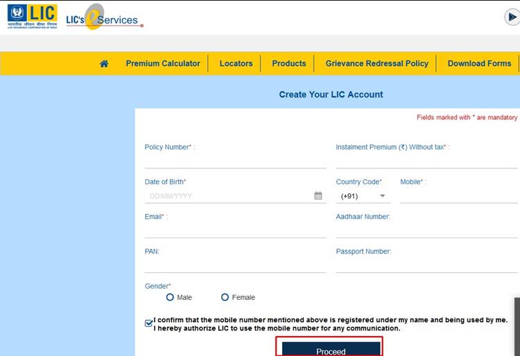 Register LIC portal for Online Payment
