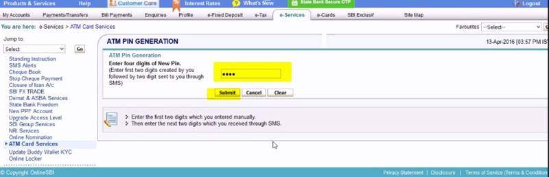 how to change sbi debit card pin online