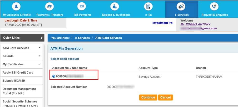 Select SBI Account Number for the ATM Pin generation