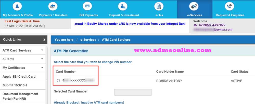 Select the SBI ATM Card Number for the Pin generation
