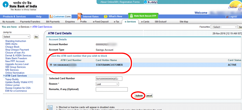 Select SBI ATM card to block
