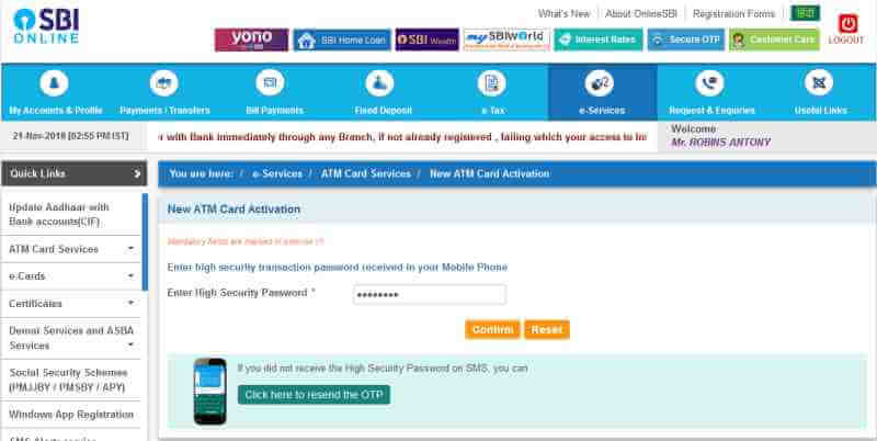 SBI ATM Card activation Online Confirmation