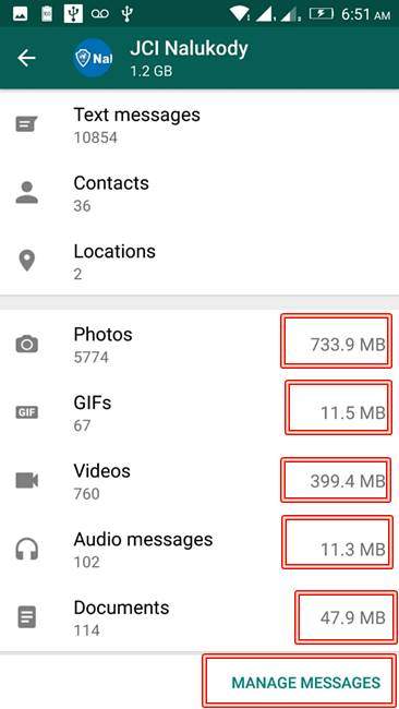 WhatsApp Manage Messages - Storage Usage