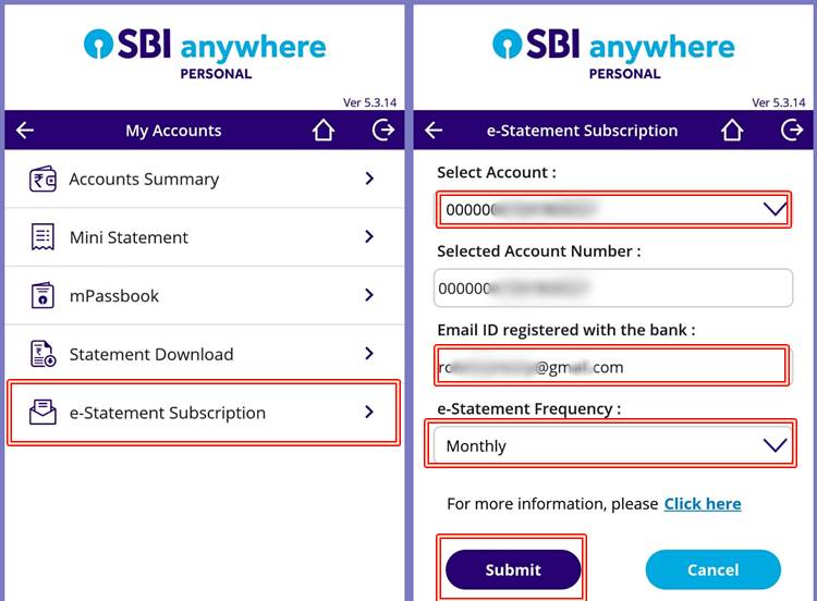 SBI e-statement registration through sbi anywhere app