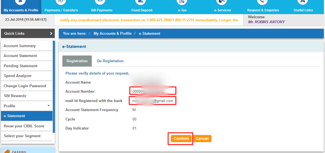 SBI E-statement subscription confirmation