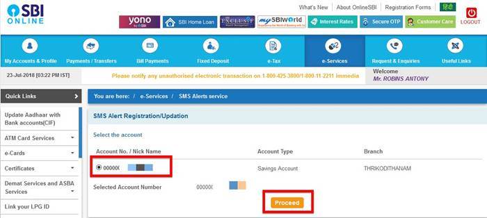 Select the SBI account for sms registration