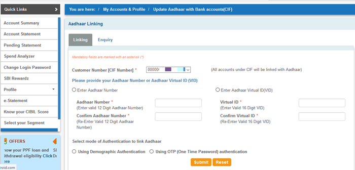 Aadhar Linking SBI Account Online