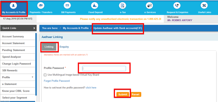 Enter Online SBI Account profile password