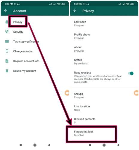 WhatsApp Account privacy settings-Finger print lock