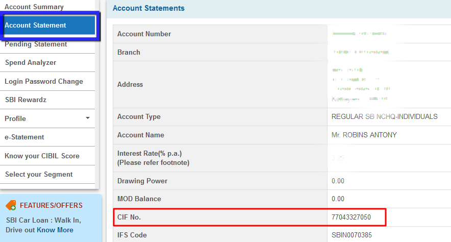 SBI CIF number through online Statement