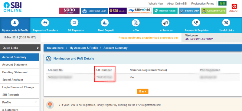 how to find cif number in sbi