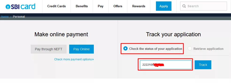 sbi credit card application status check Online