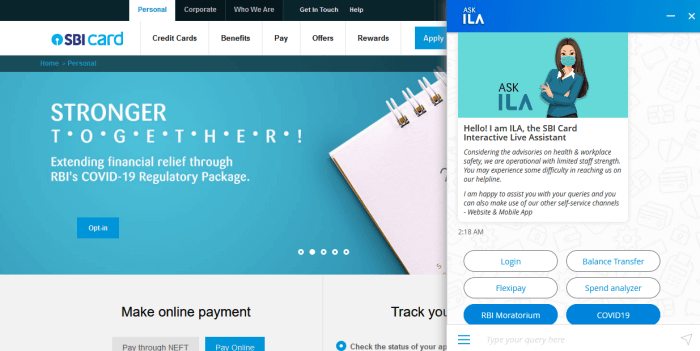 SBI Card statement through Through Chatbot ILA