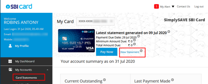 credit card statement sbi online