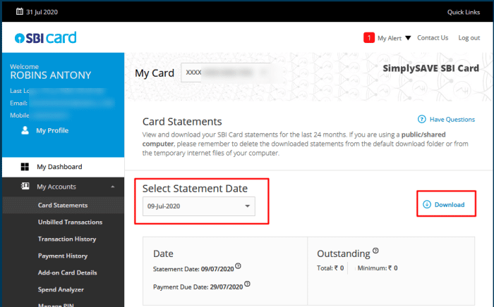 sbi credit card statement online download