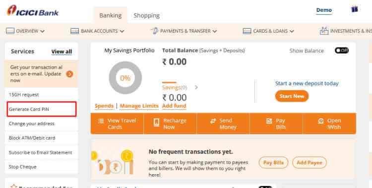 Generate ICICI bank Credit card pin