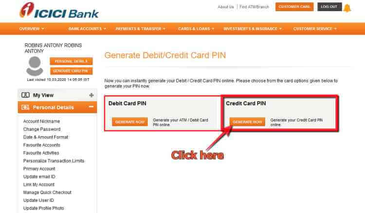 Generate ICICI credit card Pin