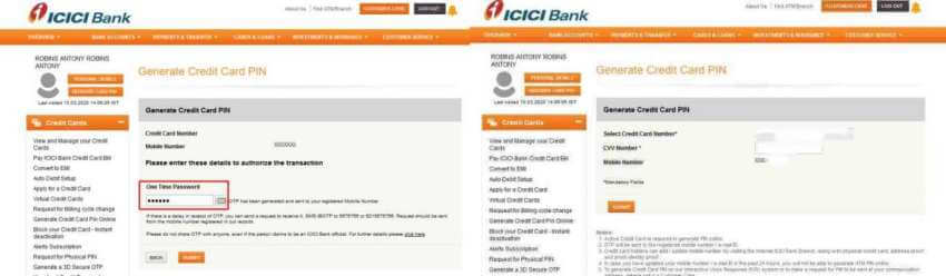 ICICI credit card pin generation OTP