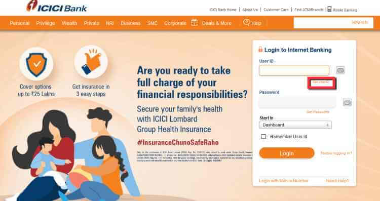 Login ICICI bank for online Pin generation