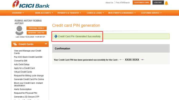 ICICI credit card Pin generation online 