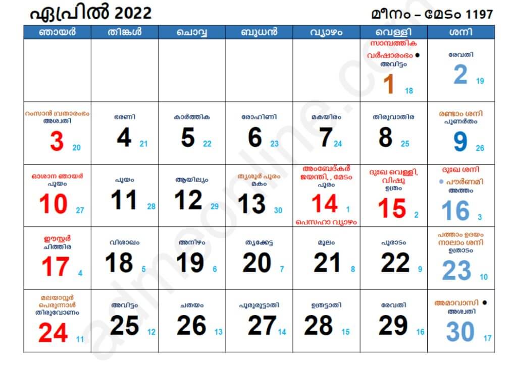 Malayalam Calendar 2022 April