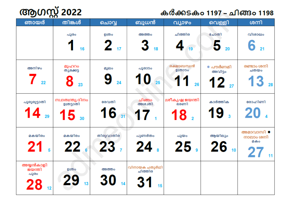 Malayalam Calendar 2022 August