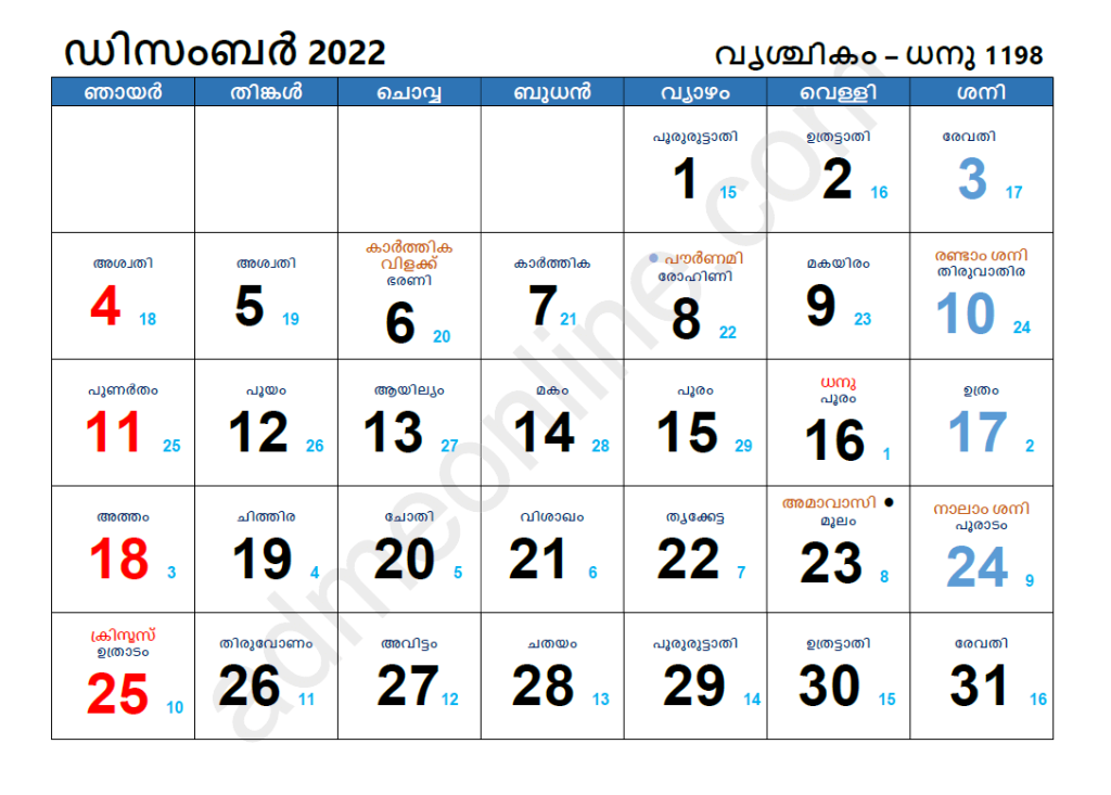 December 2022 Malayalam Calendar download