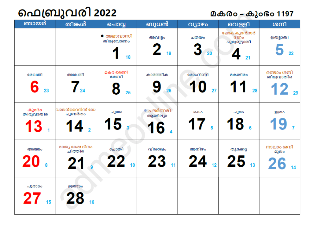 malayalam calendar 2022 february