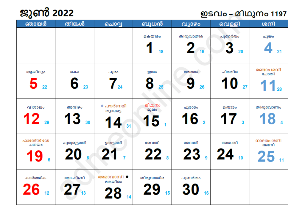 malayalam calendar 2022 June