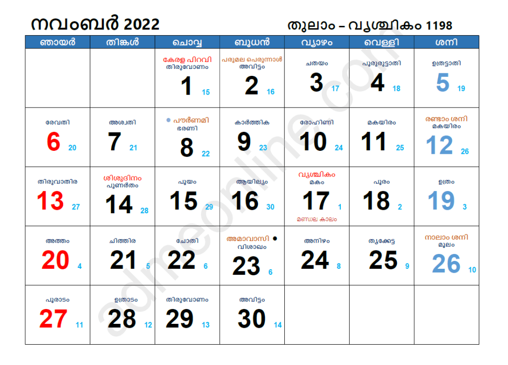 November 2022 Malayalam Calendar download
