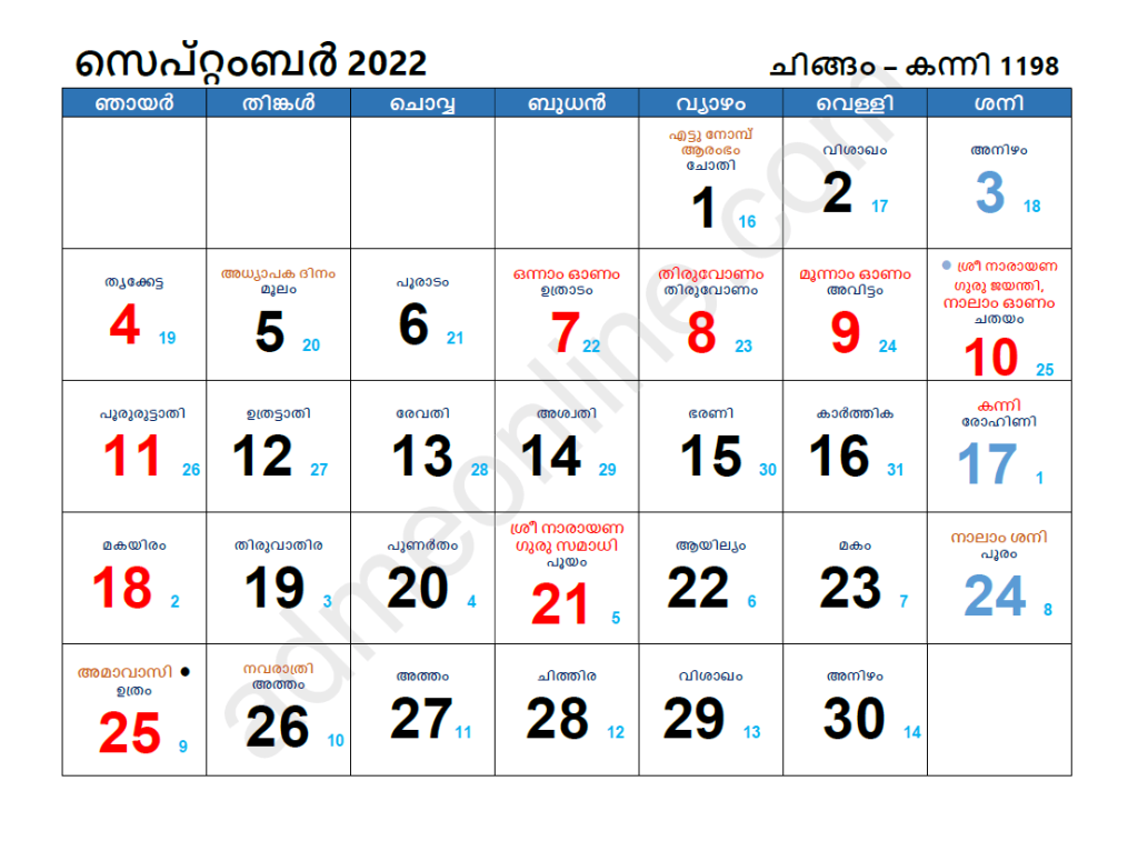 September 2022 Malayalam Calendar