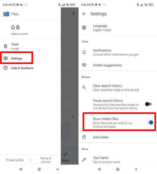 Show hidden files settings Files by Google App