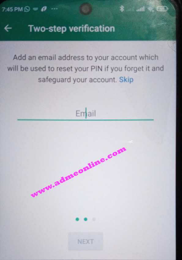 WhatsApp two step verification enter email address