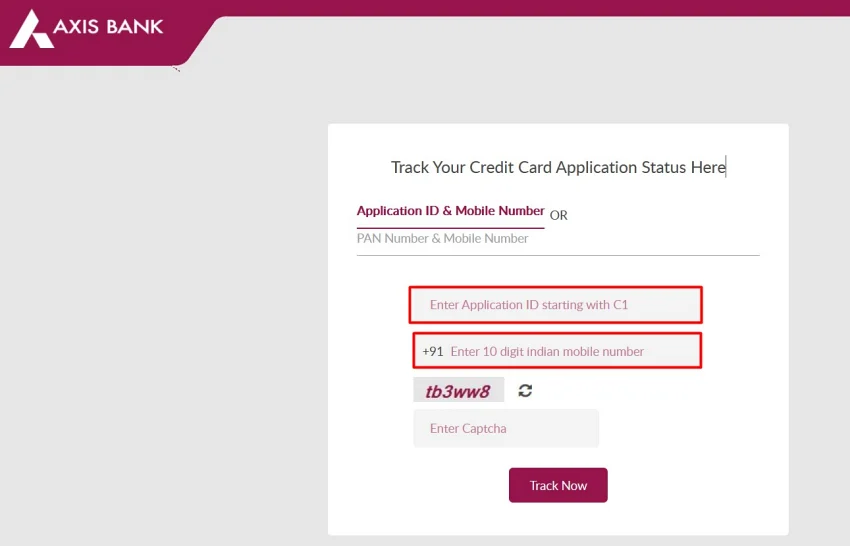 Check Axis credit card application status through Mobile number and PAN number