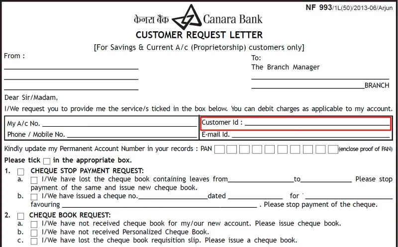 canara bank cheque book request letter